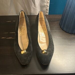 Salvatore Ferragamo Black Suede Flats with Gold Detail